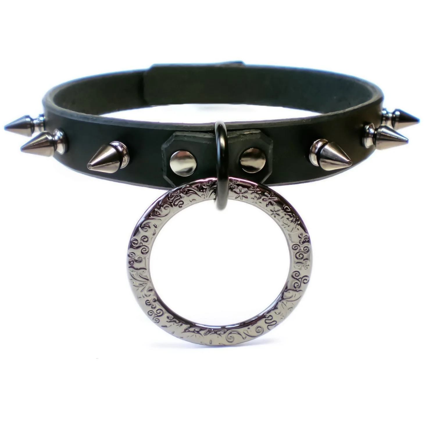.75 Black Leather spiked collar with gunmetal ring.jpg