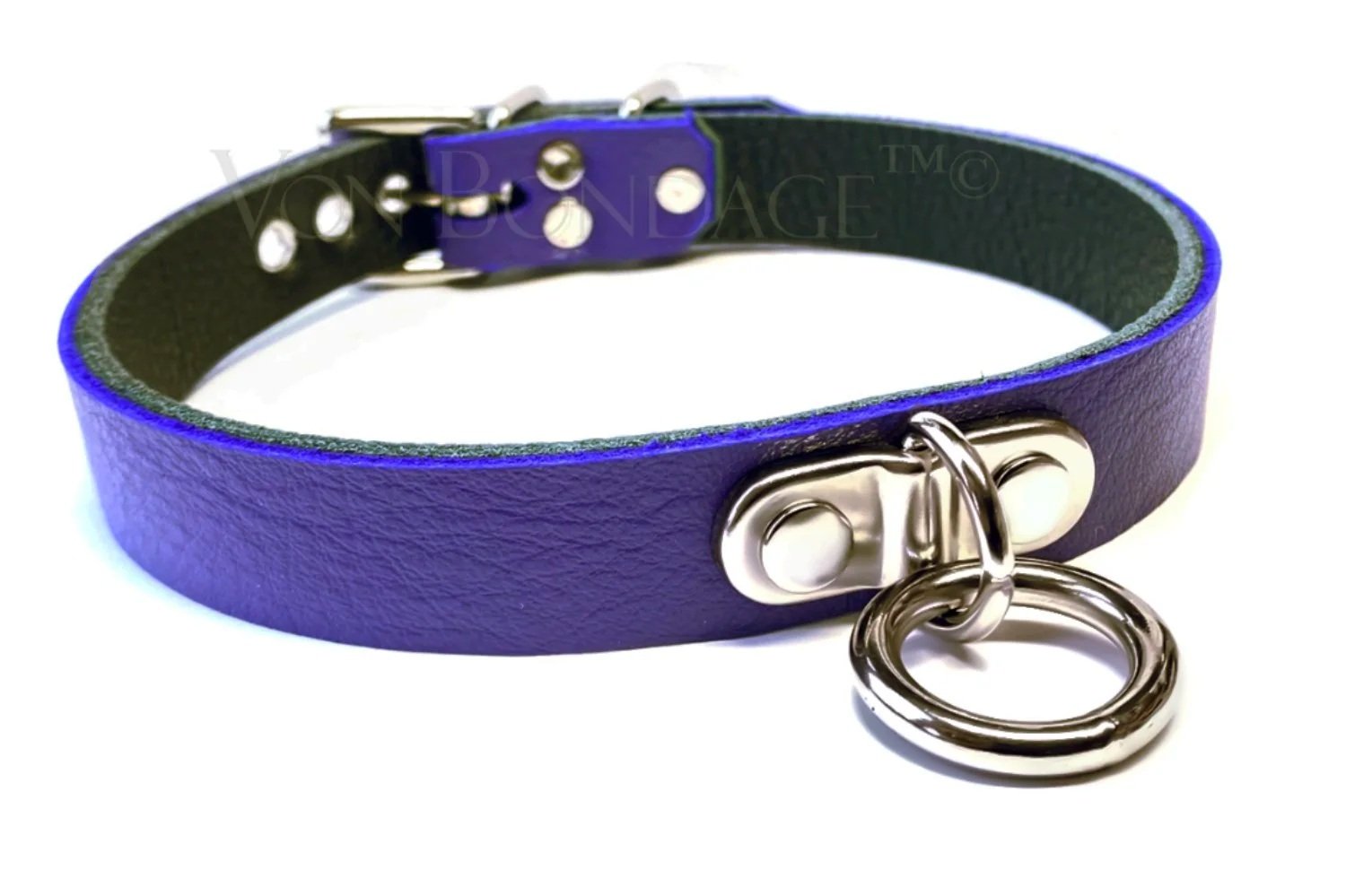 Purple Leather BDSM Collar with Plated Ring