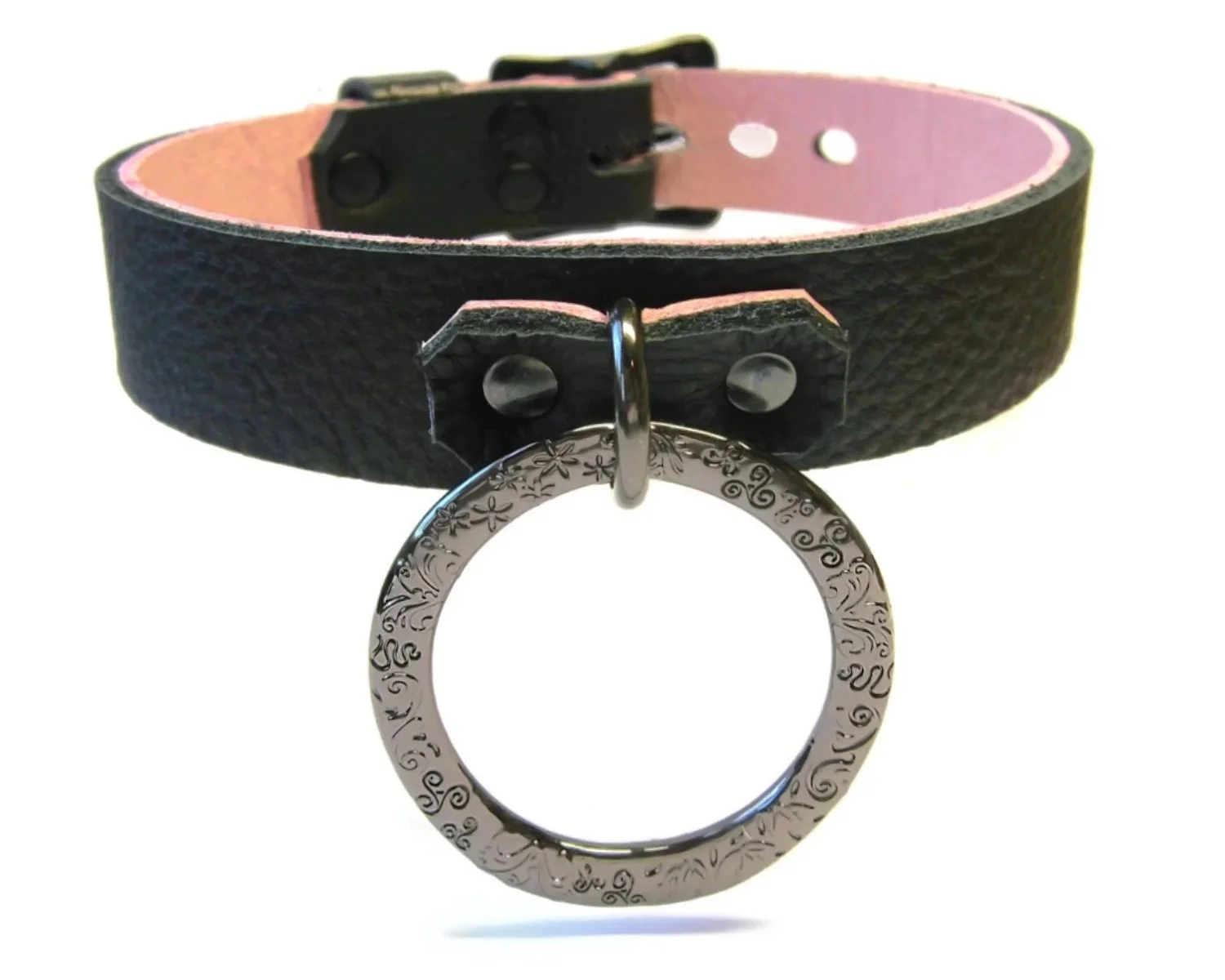 Black & Pink Lockable Leather collar with fancy engraved ring