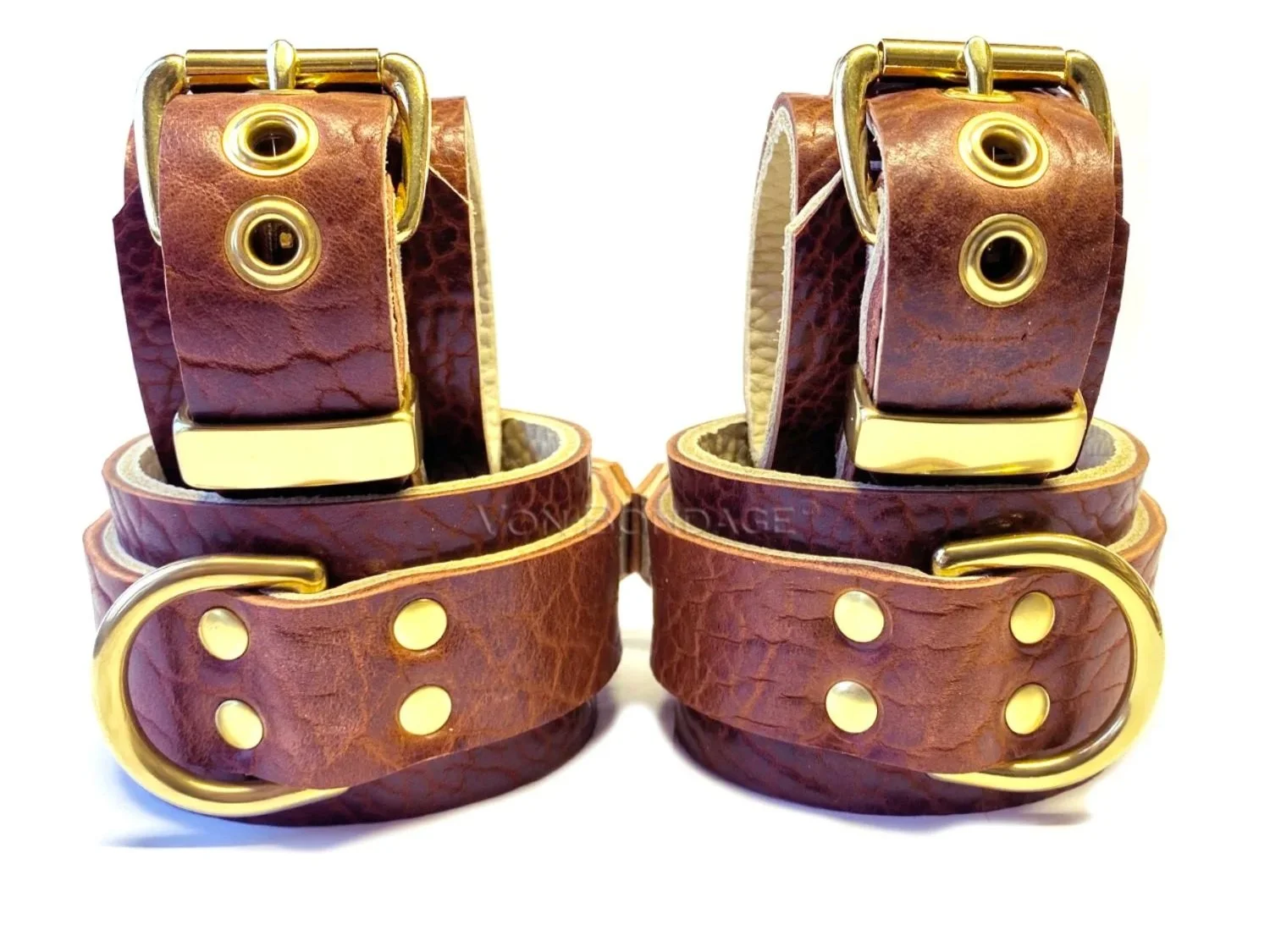 Brown Bison Leather Wrist & Ankle Restraints with Large Brass Dee Rings