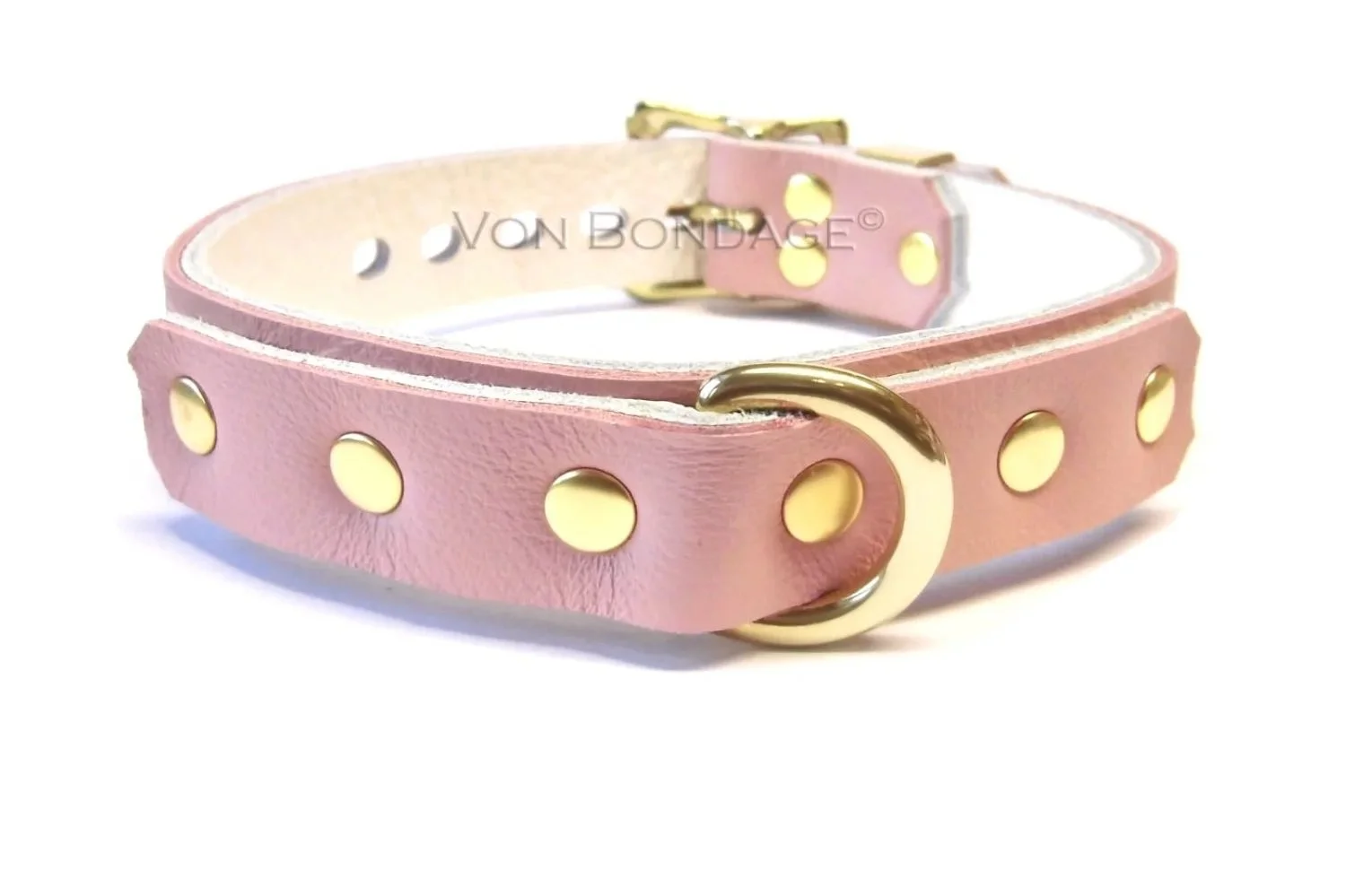 pink and white leather bdsm slave collar with a brass d-ring in front