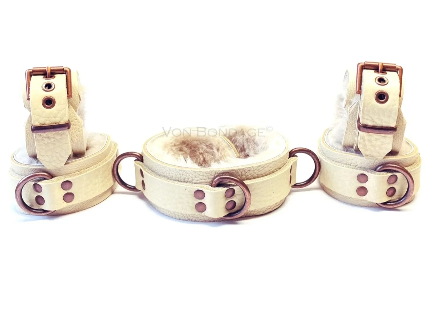 Sheepskin BDSM Restraints and Collar Set in Cream Leather and cream fur with copper hardware