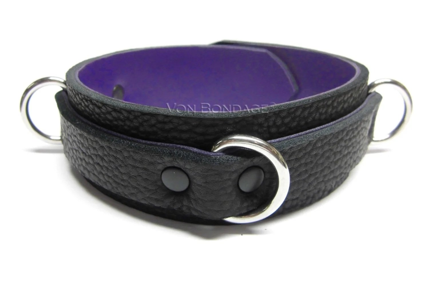 Black leather lined with purple lambskin slave collar with triple stainless steel dee rings
