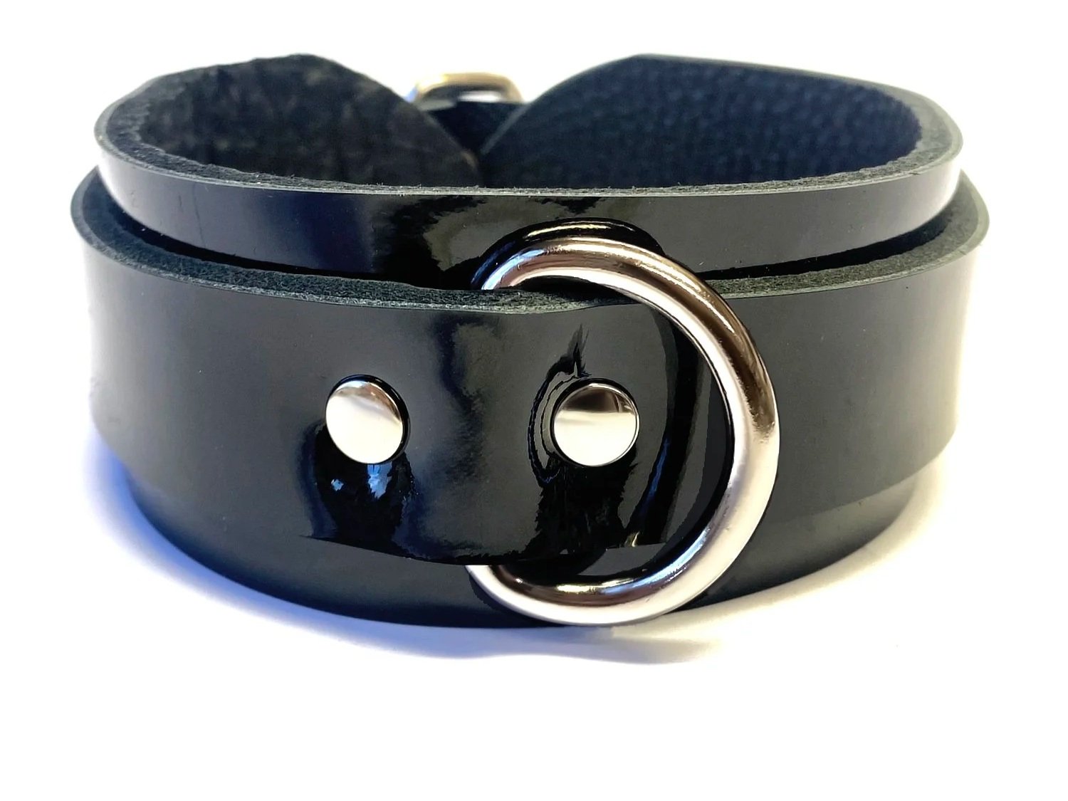 Black Patent Leather BDSM Collar with 1 inch Dee Ring in front