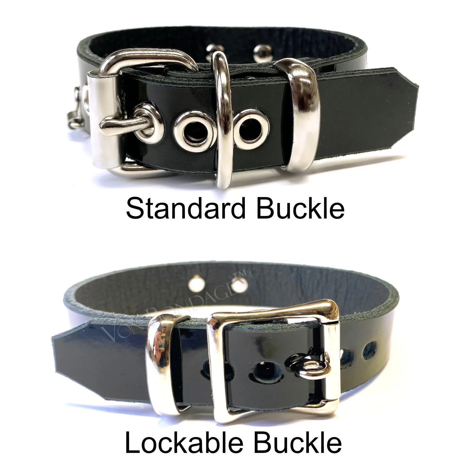 showing standard and lockable buckle options on bdsm collar