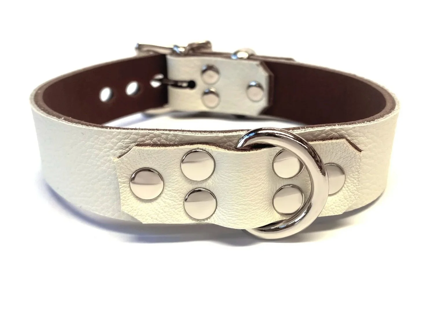 White Leather BDSM Collar with Strong D-ring