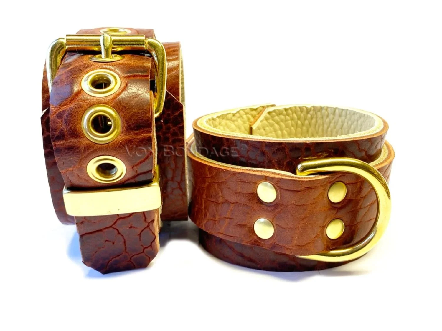 Brown Bison Leather Restraints with Large Brass Dee Rings