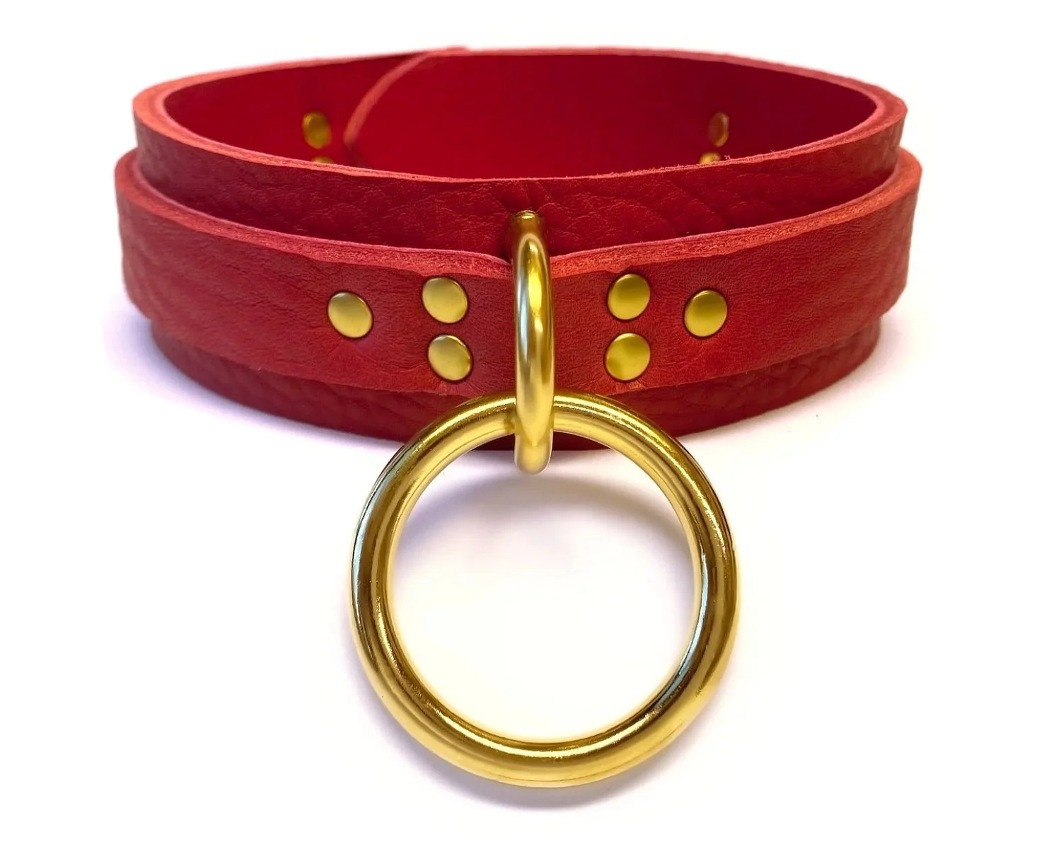 Red Leather BDSM Collar with large brass O-ring lined in red lambskin