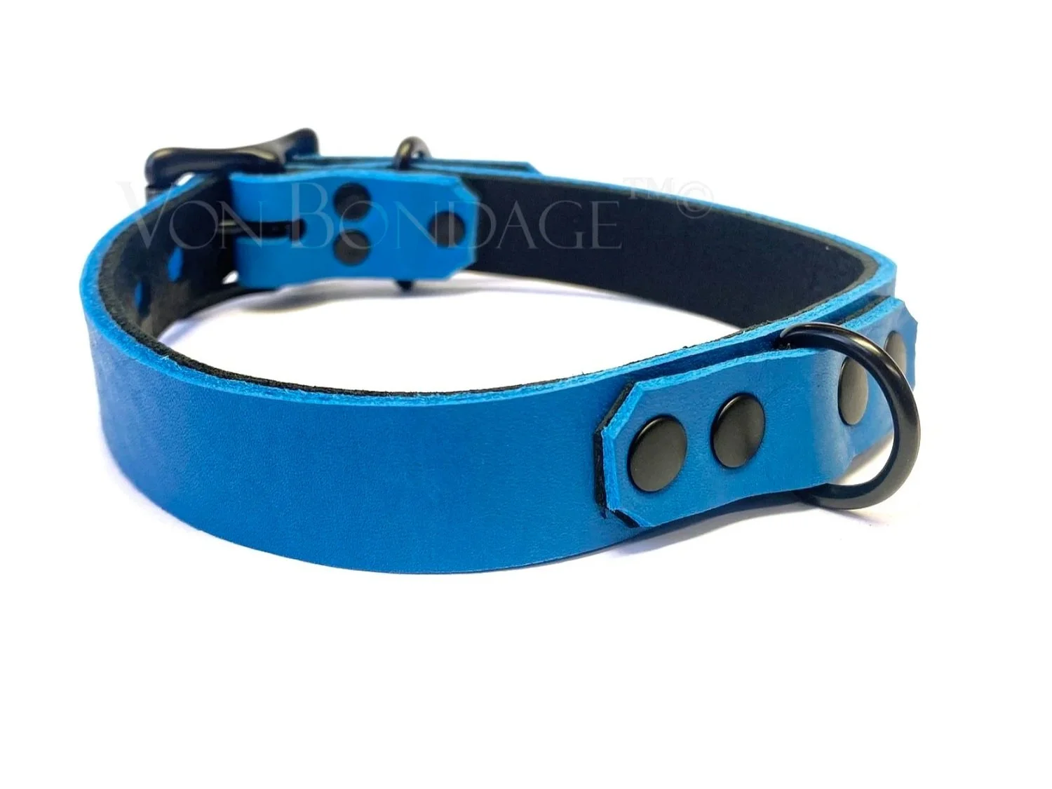Blue leather bdsm collar with black d-ring