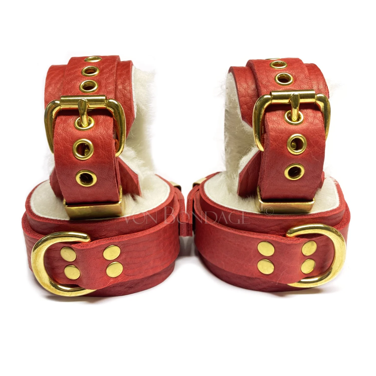 Red Bullhide with White Sheepskin Wrist Ankle Restraints BDSM Set in Brass