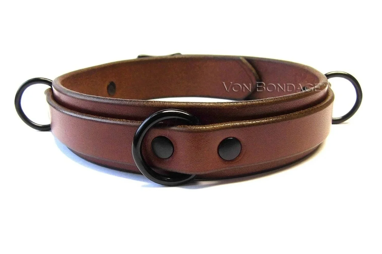 brown leather bdsm collar with 3 black d-rings