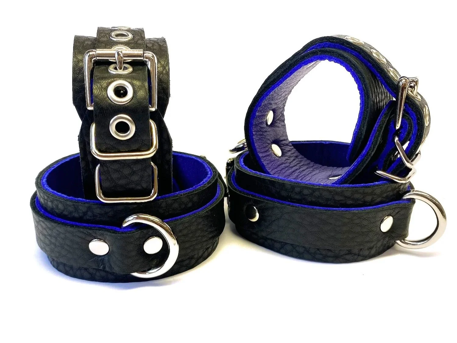 soft black Leather Wrist and Ankle Restraints Set lined in Purple Leather