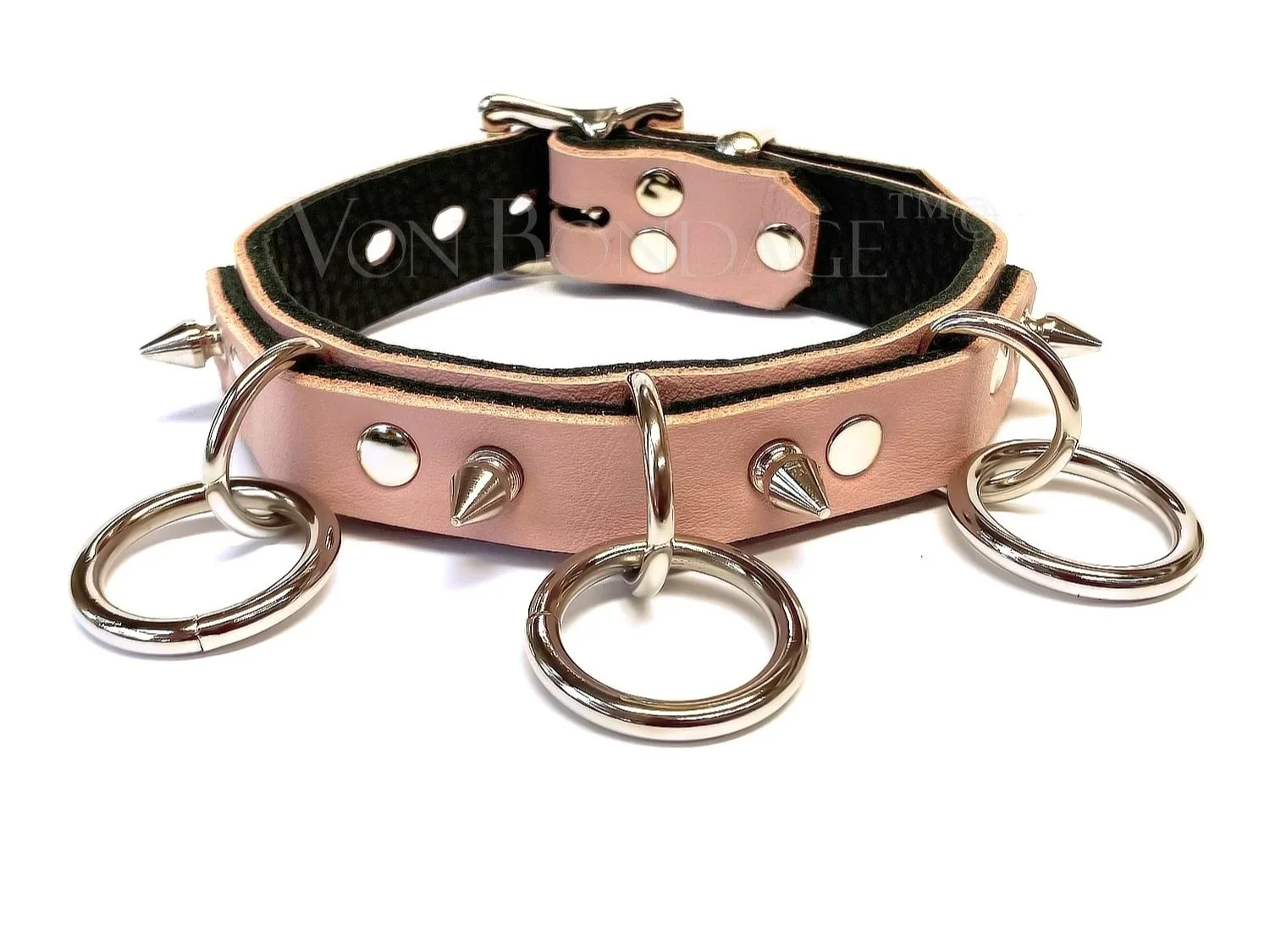 pink leather bdsm collar with 3 O-rings and small spikes across the front