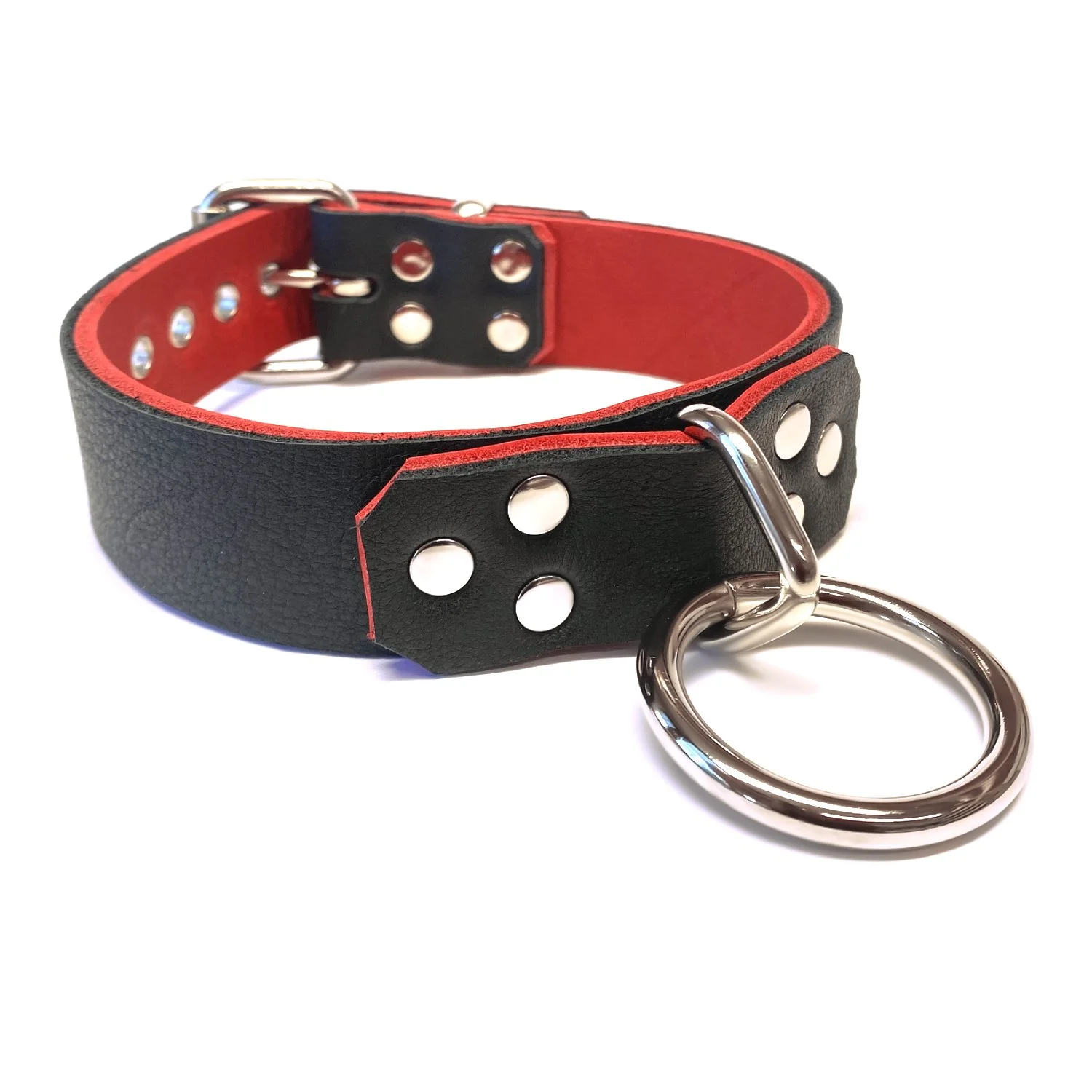 1.25 Bison Leather Bondage Collar with Large D&O Ring lined in red bullhide.jpg