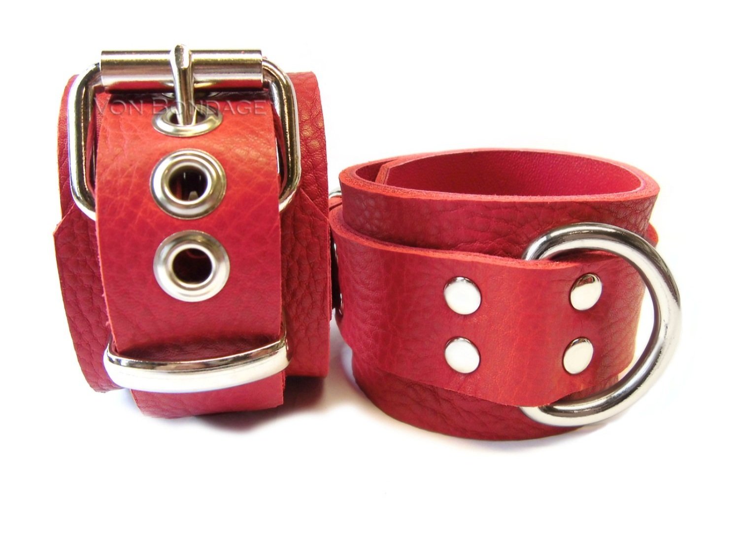 red Leather Bondage Restraints with Strong Dee Rings lined in red lambskin