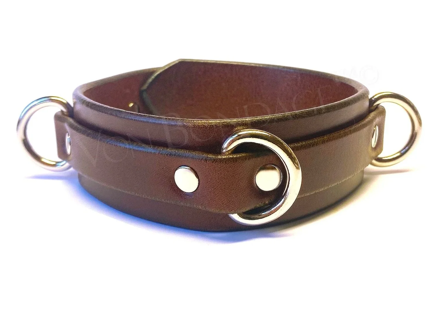 Brown Leather BDSM Collar with 3 Dee Rings