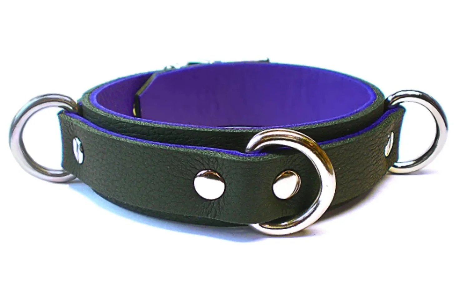 soft black leather bdsm collar lined in purple leather with 3 d-rings