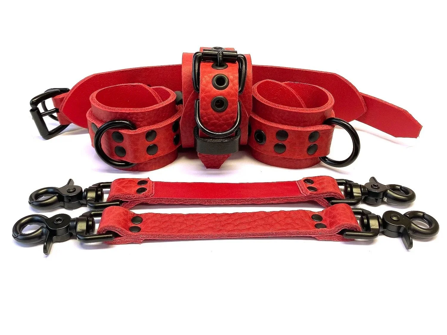 Red Bullhide Leather BDSM Restraints Set lined in Red Lambskin with pair of straps and black D-rings