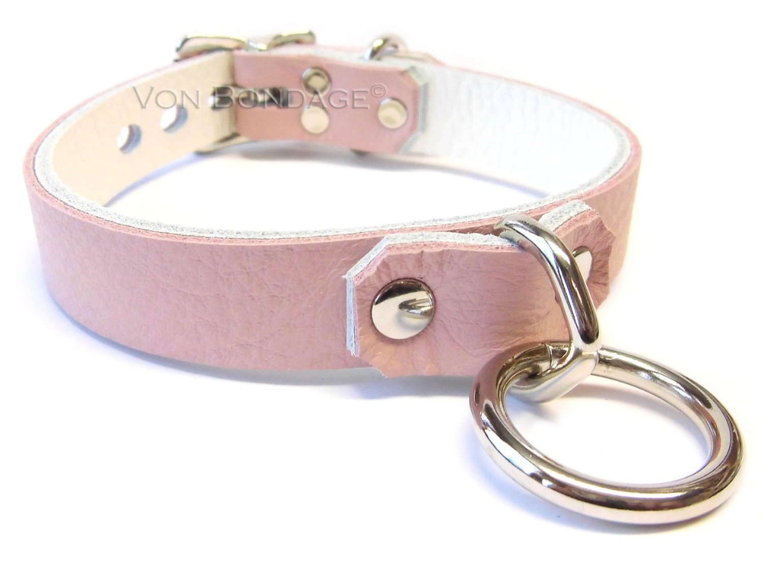 Pink & White Lockable Leather Collar with Bondage Ring