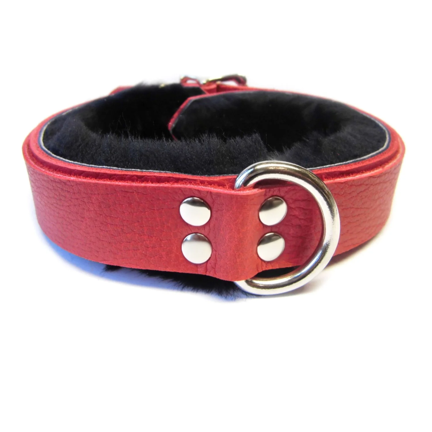 Red Leather BDSM Collar lined in Black Sheepskin Fur with D-ring