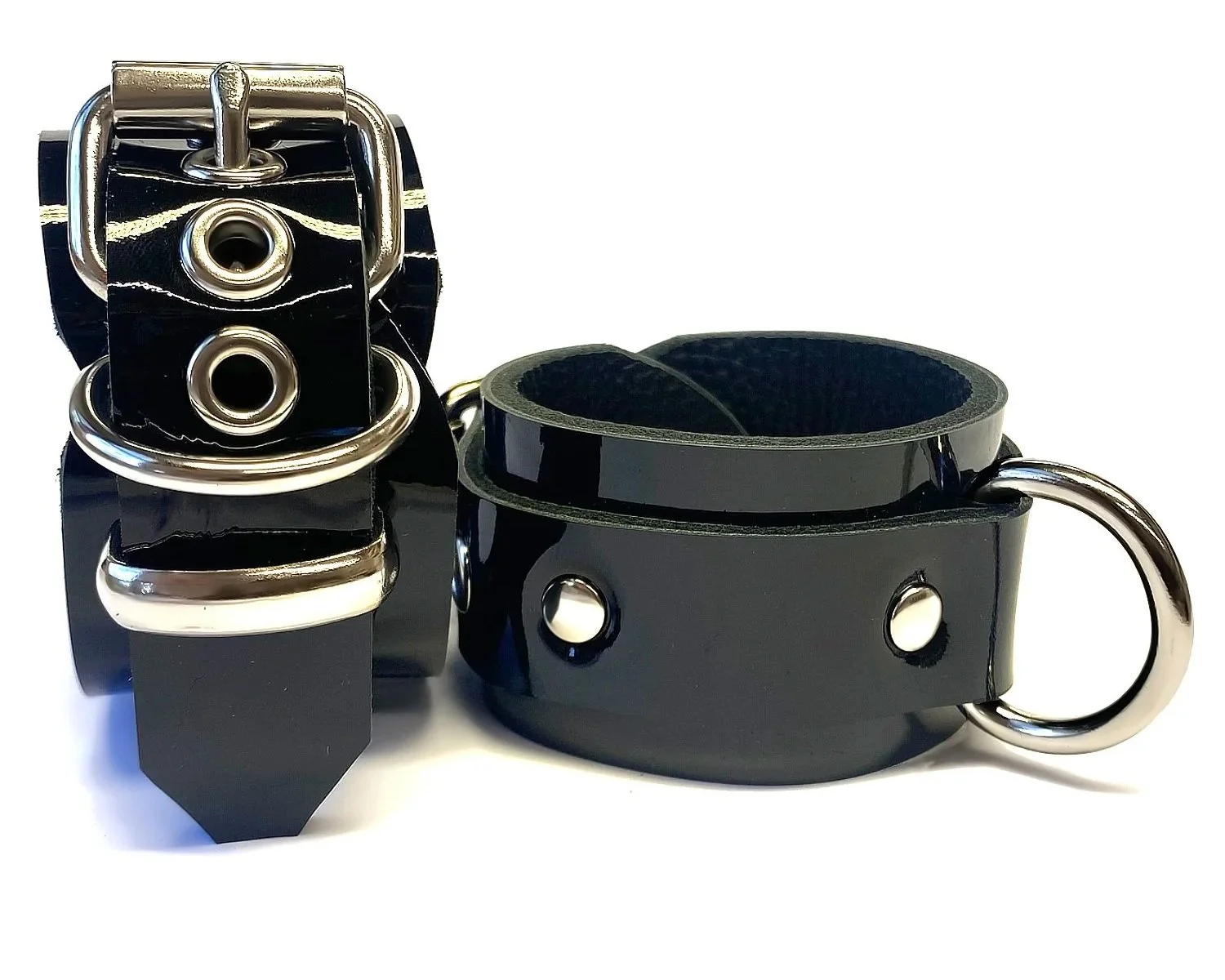 Black Patent Leather Bondage Cuffs with D-rings