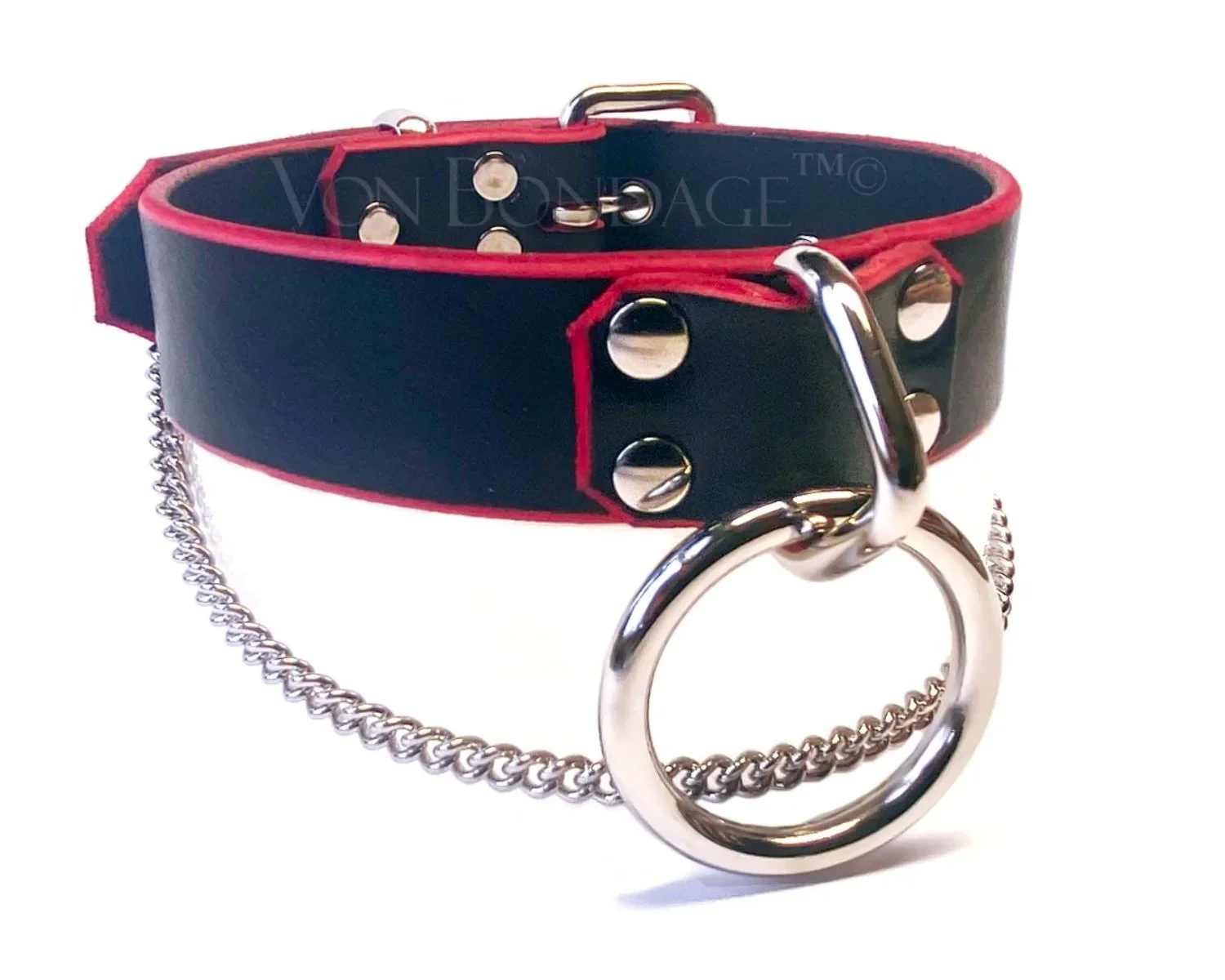 Black Leather with Red Edge BDSM Collar with Large Bondage Ring and Chain
