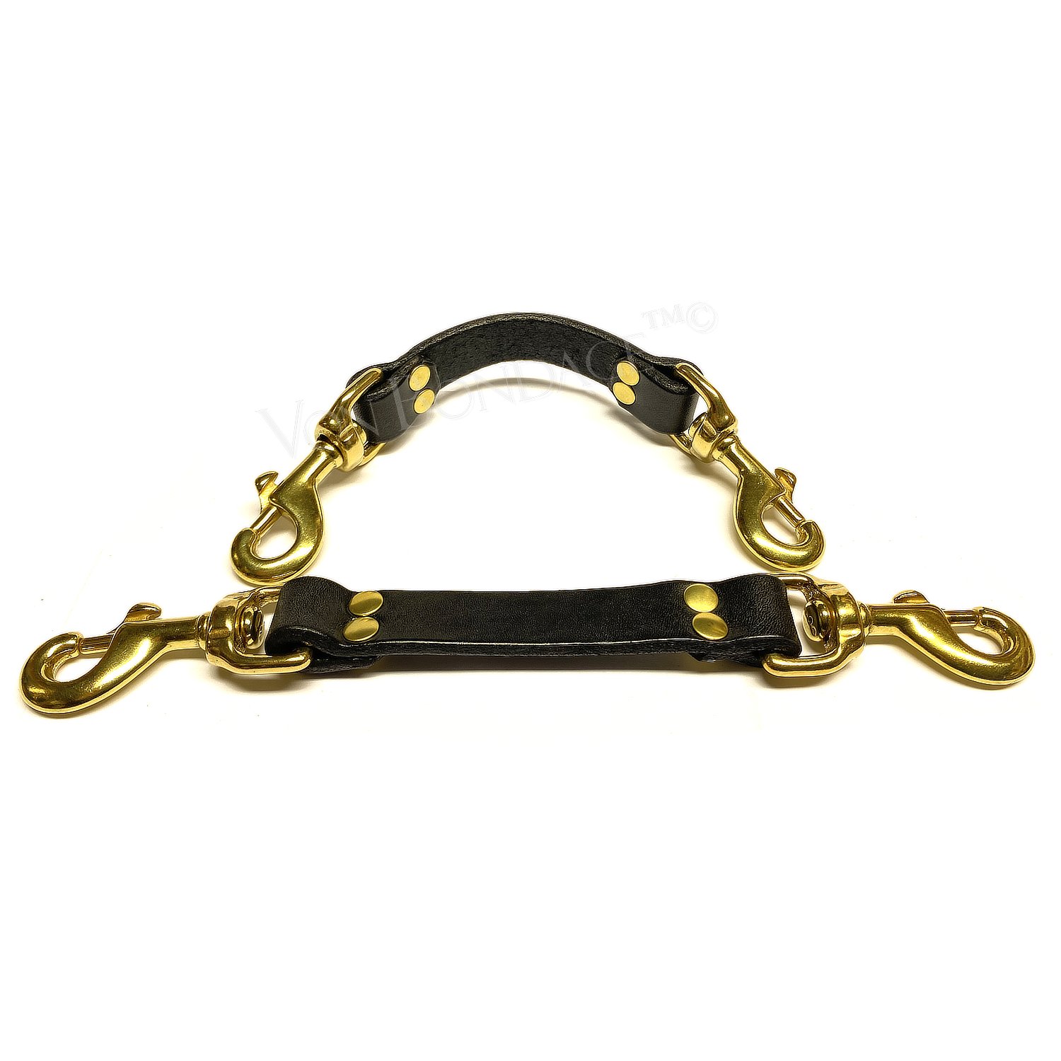 pair of black latigo leather bondage straps with brass bolt snaps