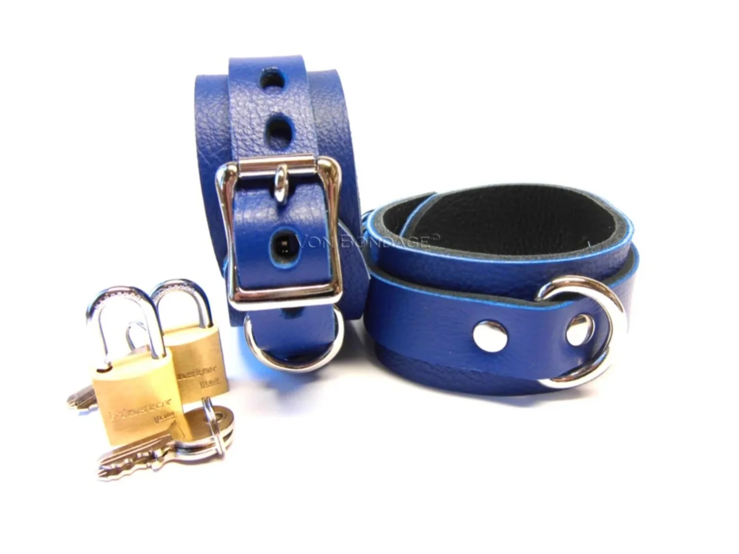 Blue Lockable Leather Restraints with 3/4" Dee Rings