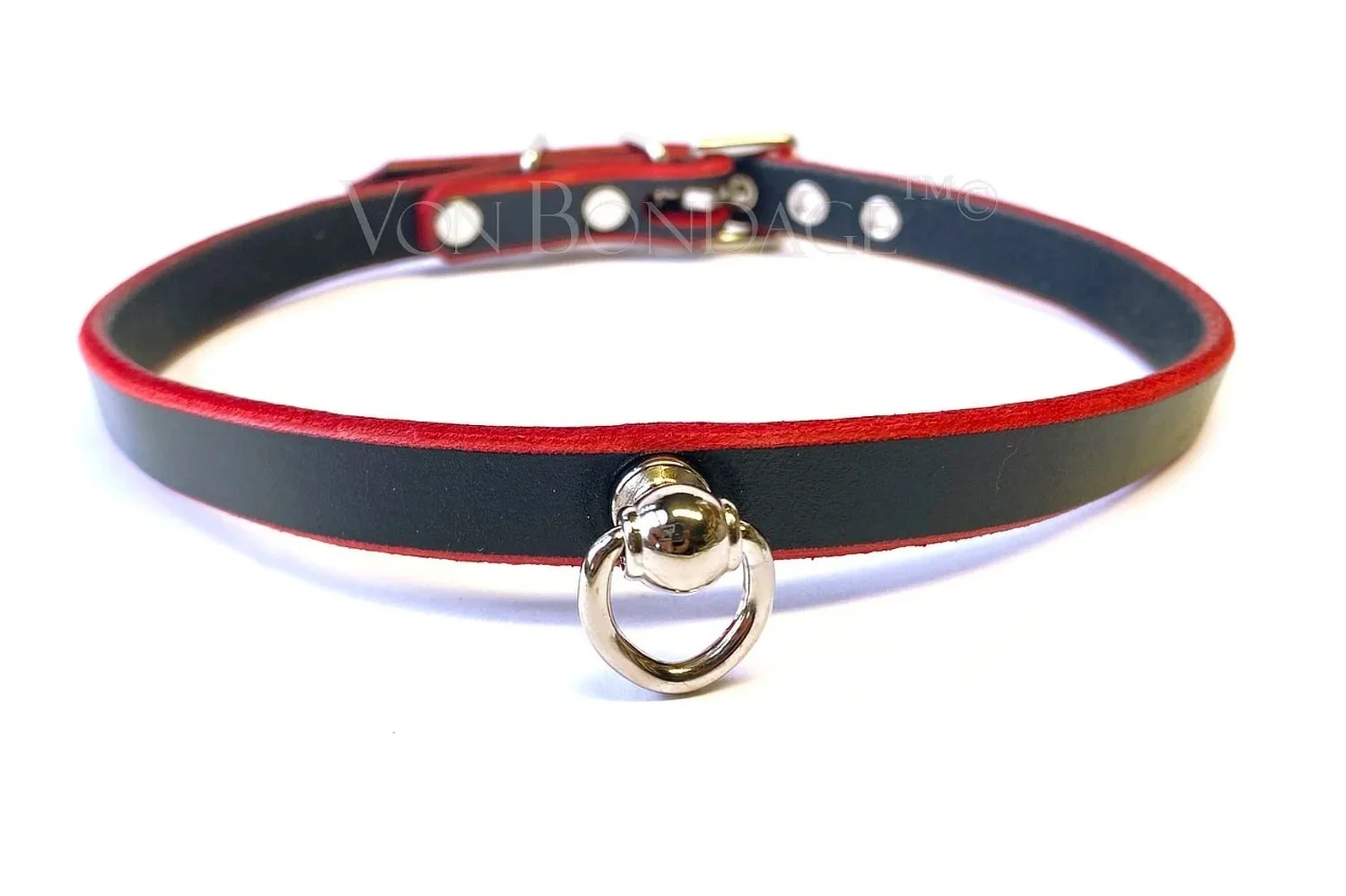 Simple Day Collar for submissive in Black Leather with Red Edges with Ring for Tags