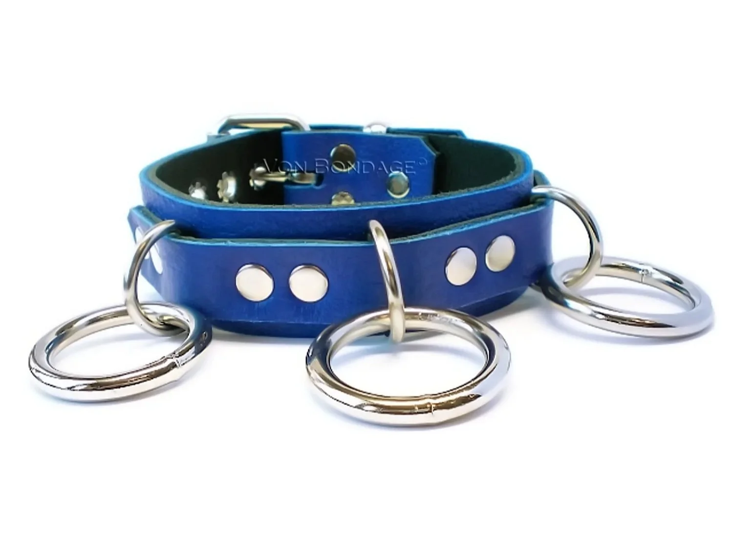 Blue Leather BDSM Collar with 3 large O-rings in front