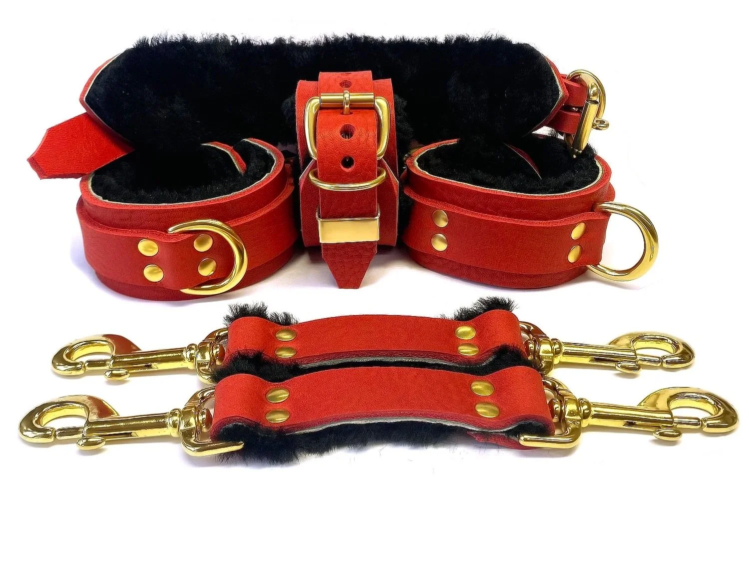 Red Leather with Black Sheepskin Fur BDSM Restraints Set with Brass D-rings & Straps