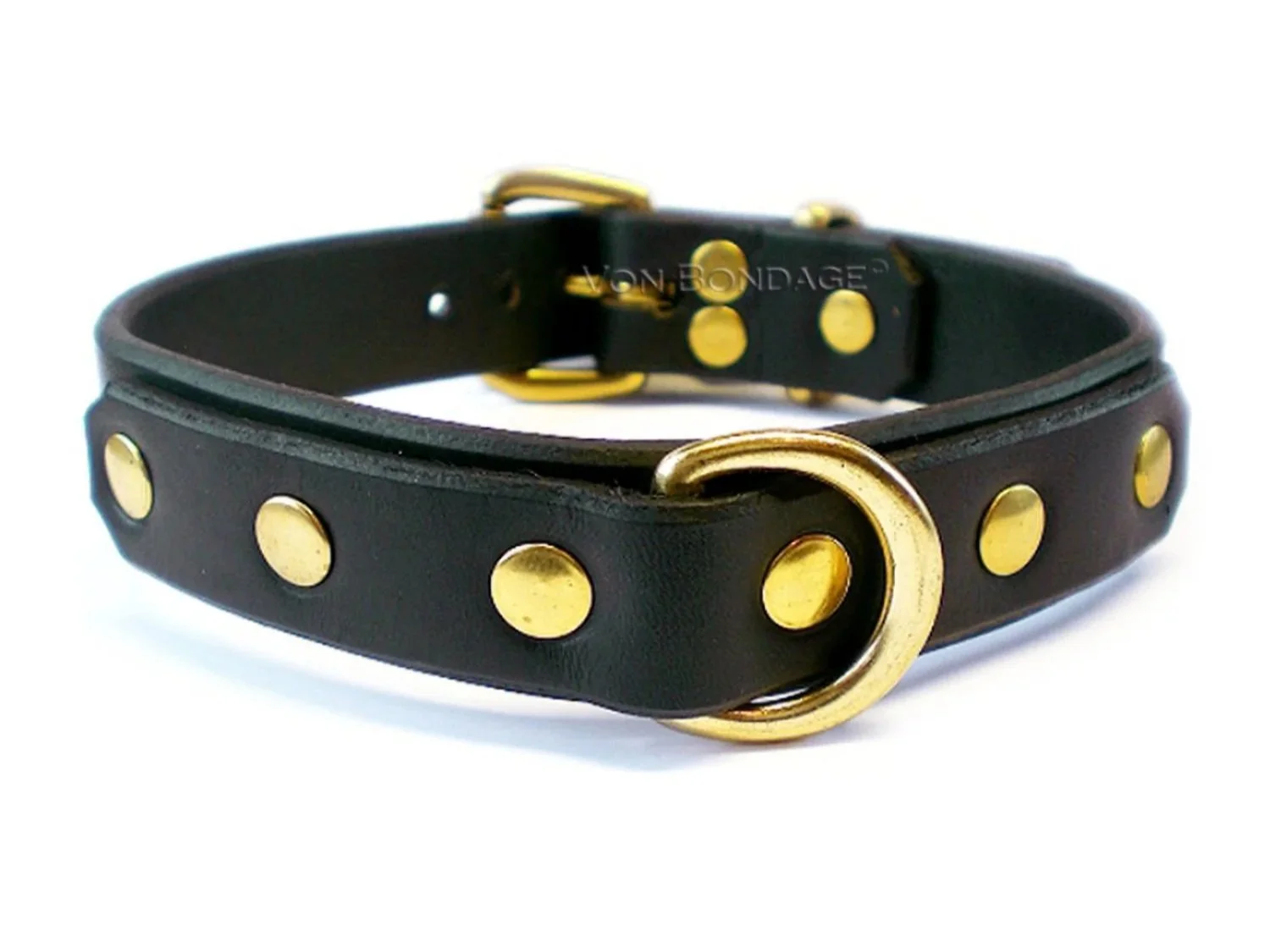 black leather bdsm slave collar with a brass d-ring in front