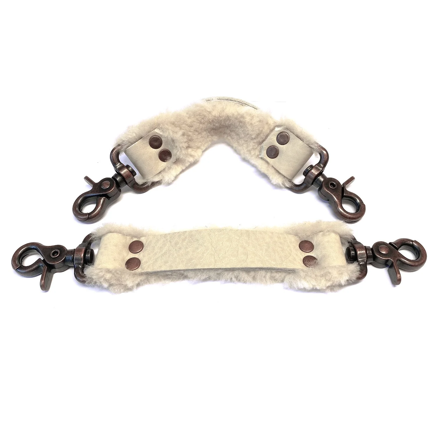 Pair of Sheepskin Fur BDSM Straps with Copper Clips