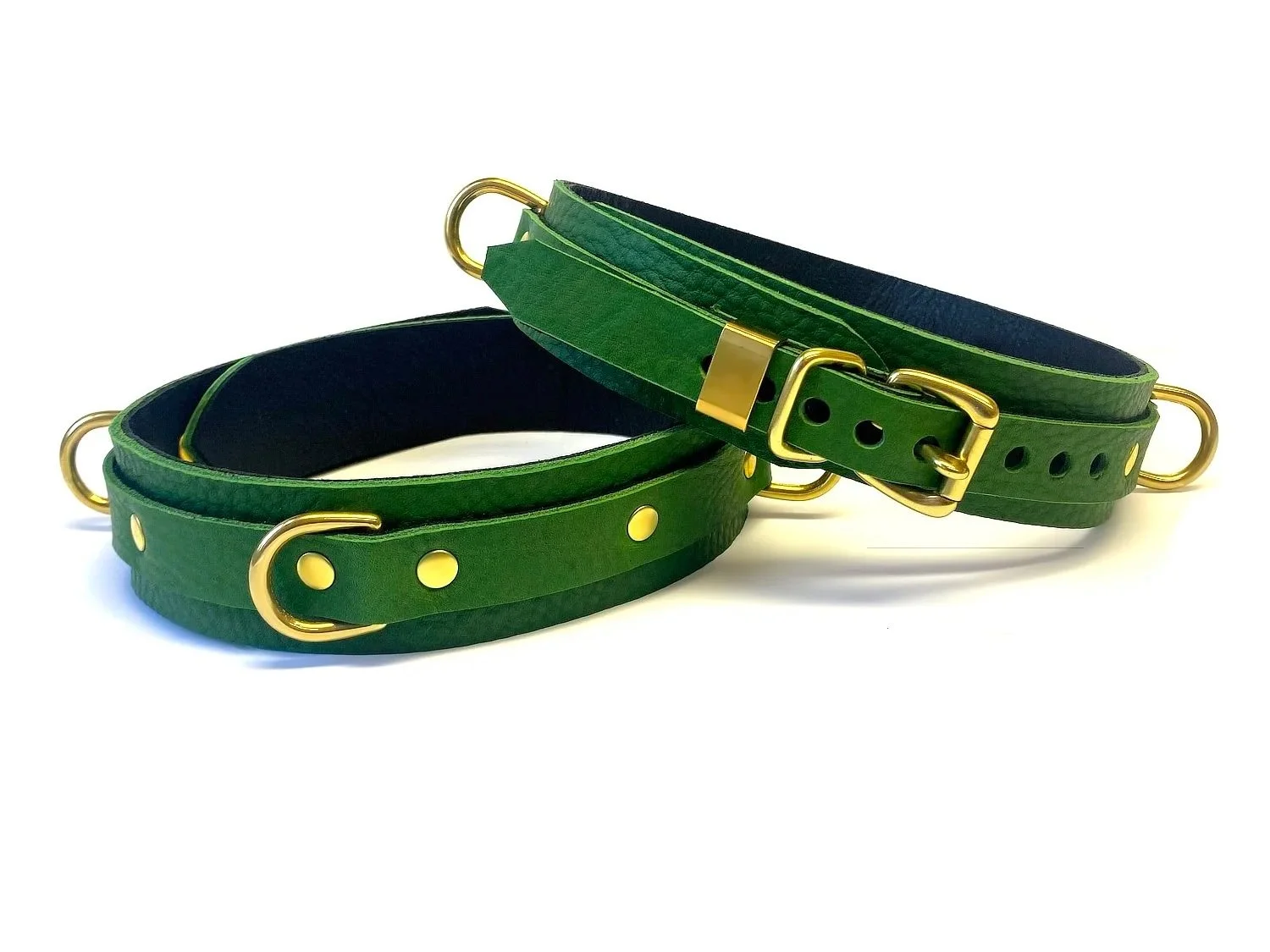 Green Leather Lockable Thigh Cuffs with 3 Brass D-rings