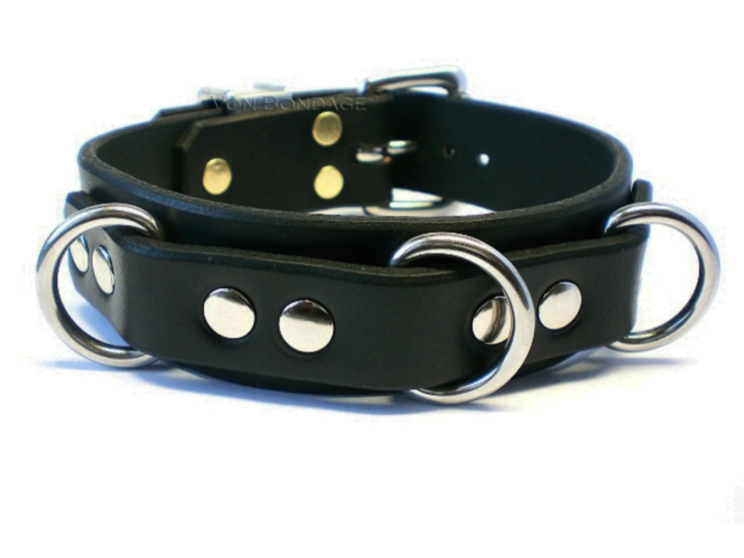 Black leather bondage collar with triple small stainless steel dee rings across the front