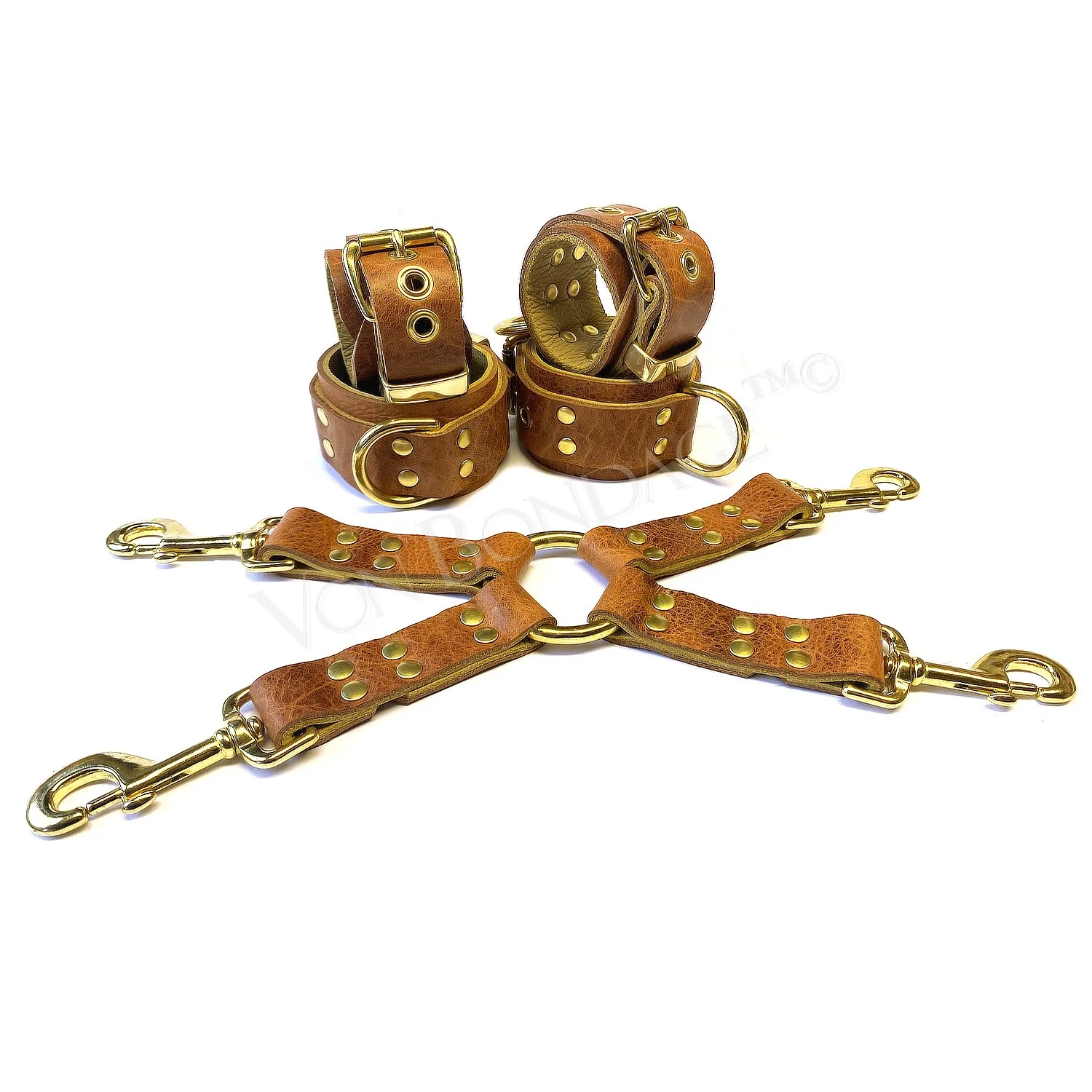 BDSM Restraints Set | Brown Bison Leather & Brass D-rings