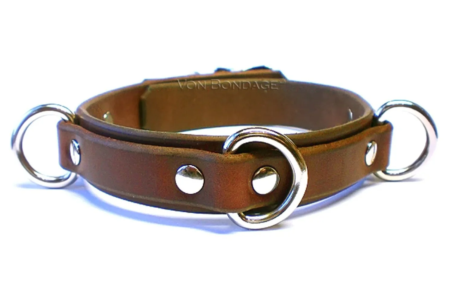 Narrow Leather slave Collar with Triple 3 D-Rings in brown bridle leather