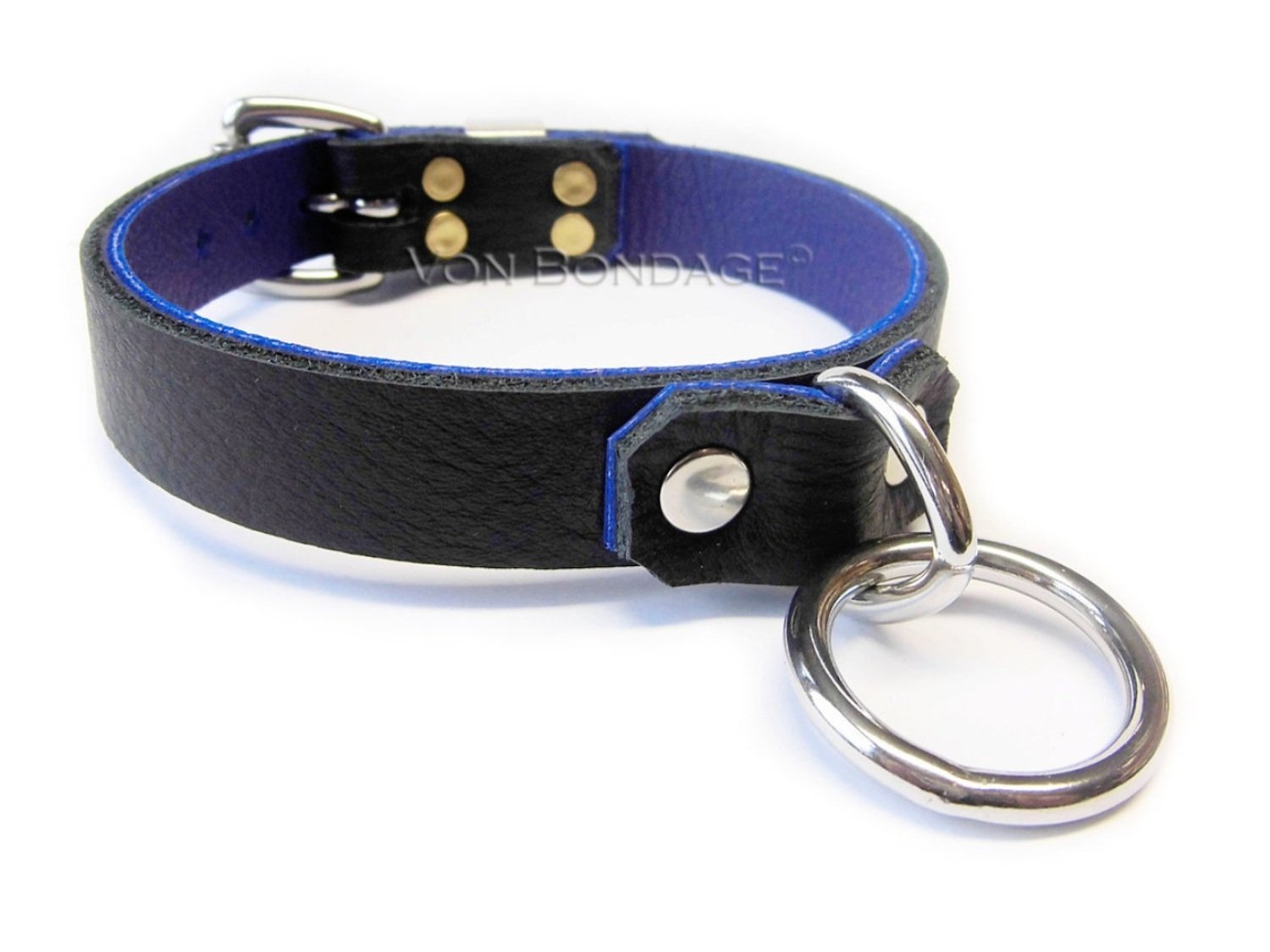 Leather Collar with Stainless Steel Bondage Ring lined in blue leather