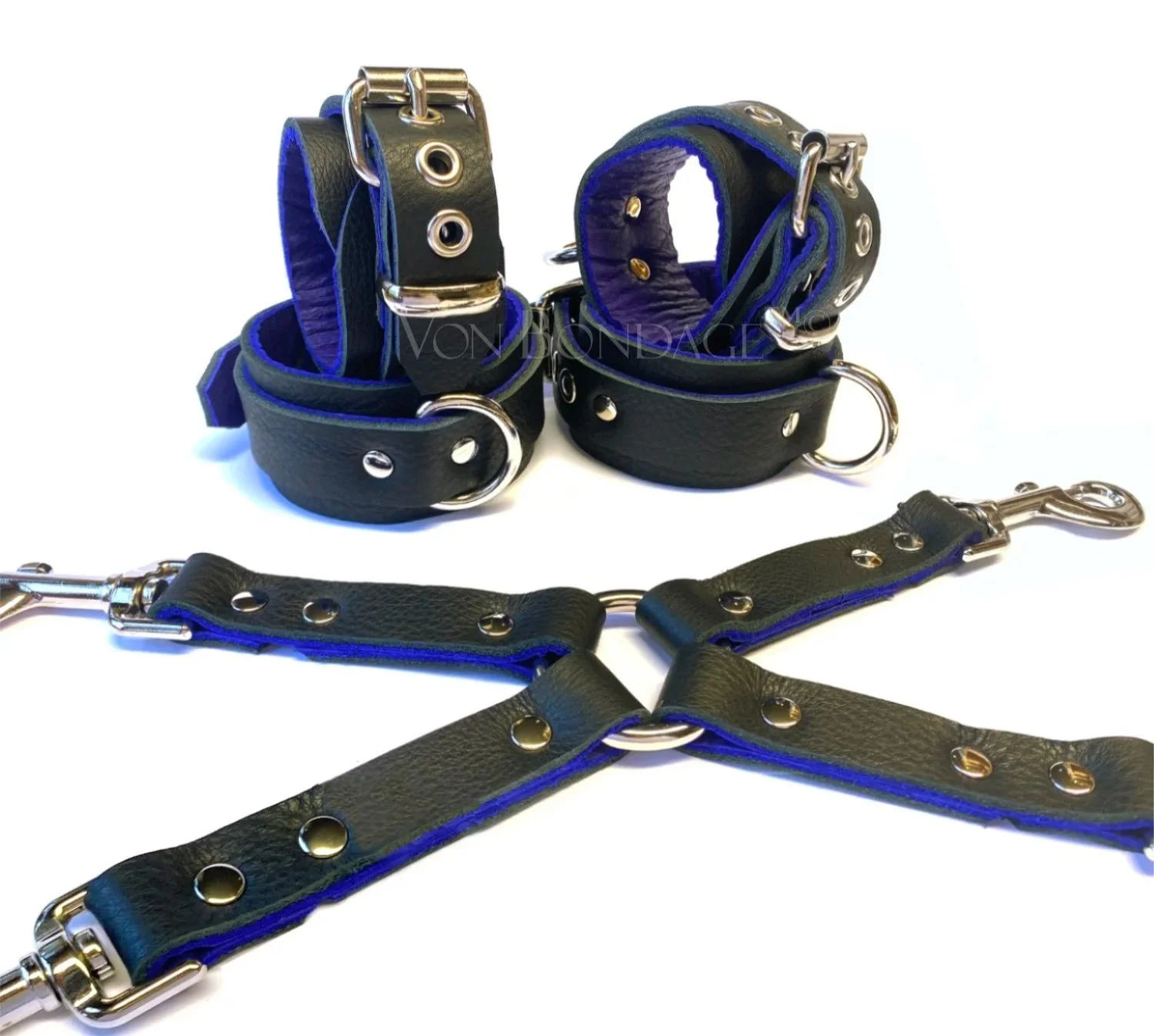 Black & Purple Leather BDSM Restraints Set with Hogtie