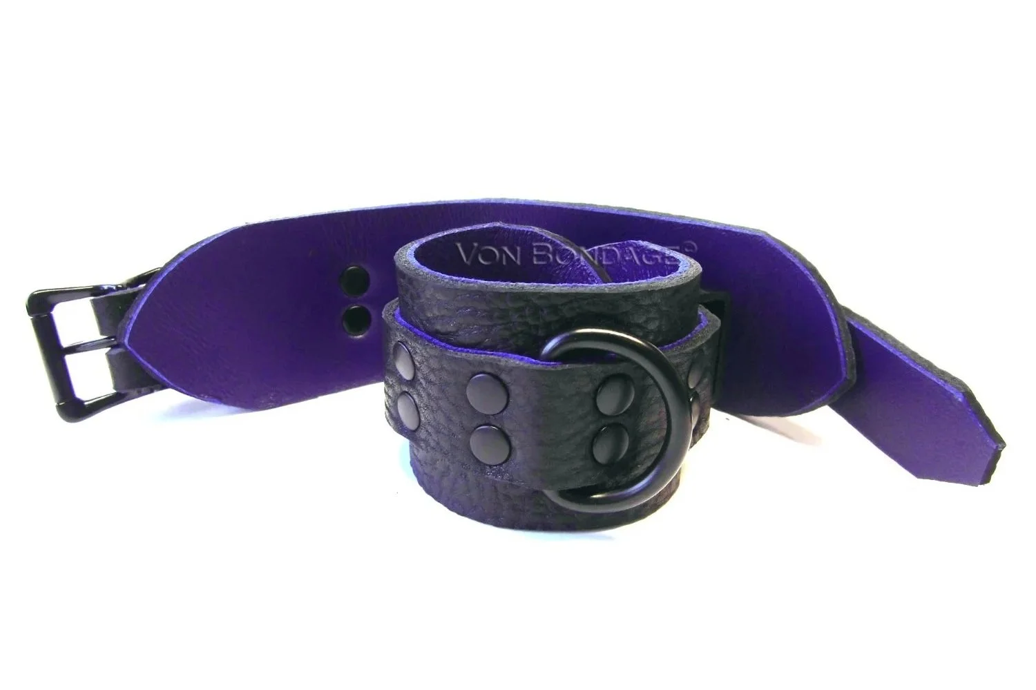 Bondage Cuffs with Black Dee Rings lined in purple lambskin