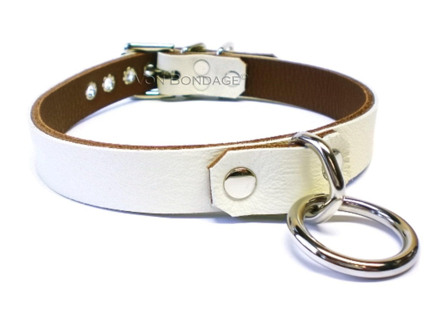 White Lockable Leather Collar with Simple Bondage Ring