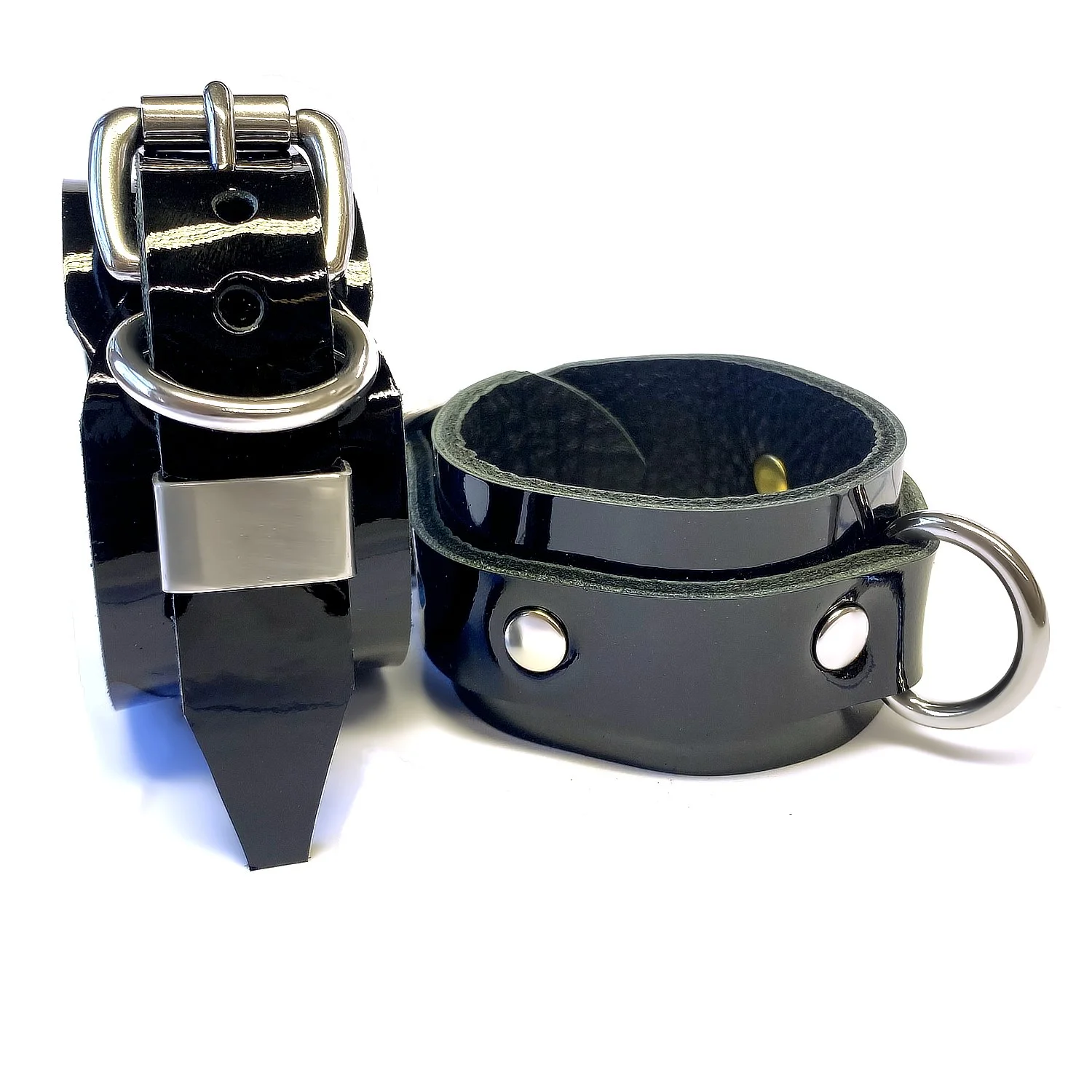 Black Patent Leather Restraints with stainless steel d-rings