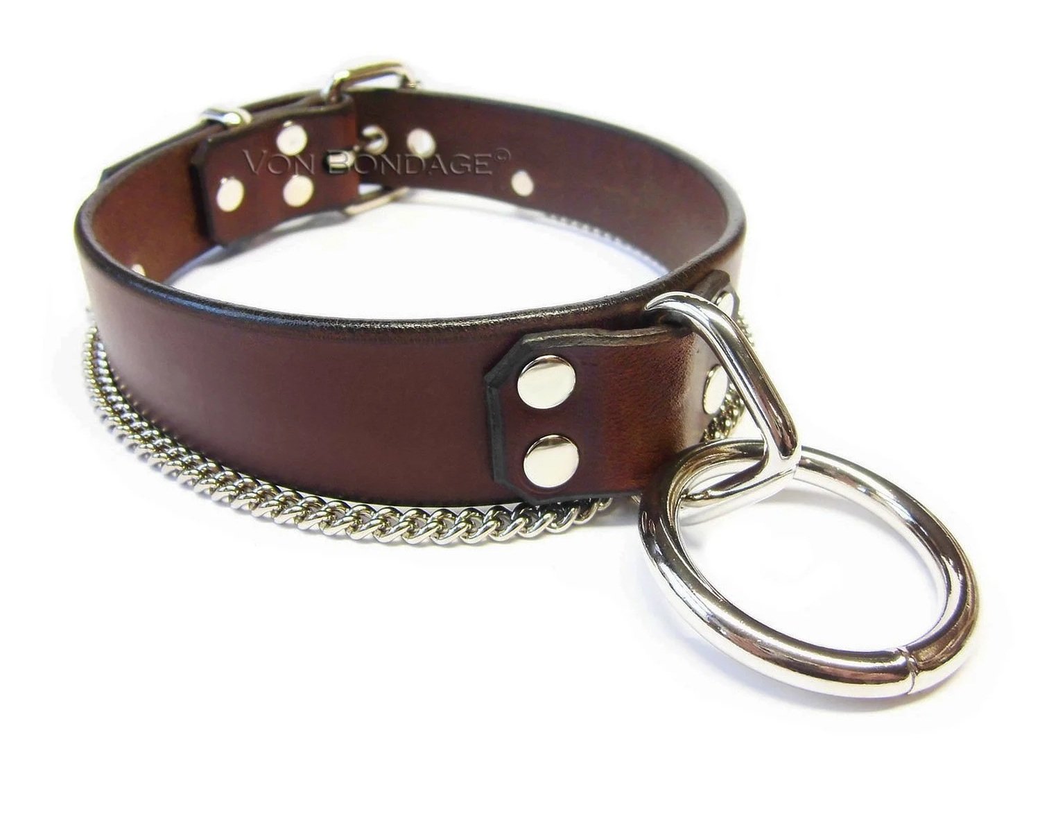 Brown Leather BDSM Collar with Bondage Ring and Chain