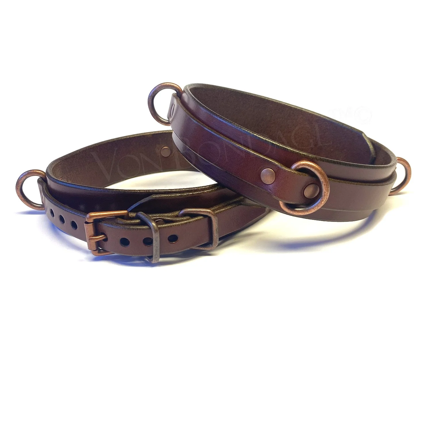 Brown Leather Thigh Restraints with Copper D-rings
