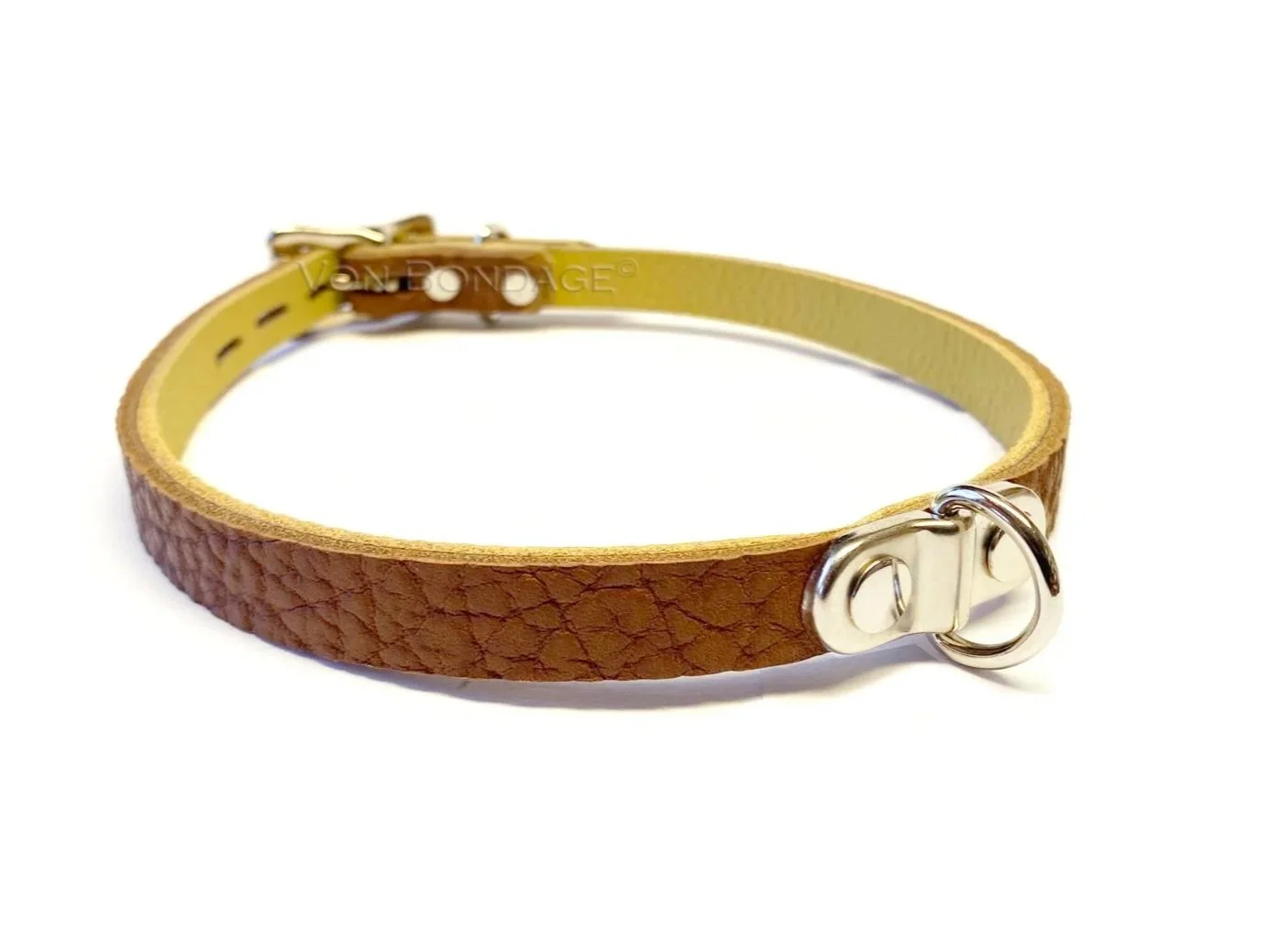 discreet brown leather bdsm collar with tiny plated dee ring