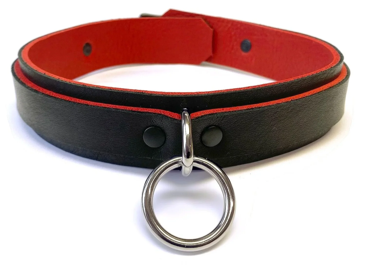 Black & Red Leather BDSM Collar with Stainless Steel Bondage Ring black rivets