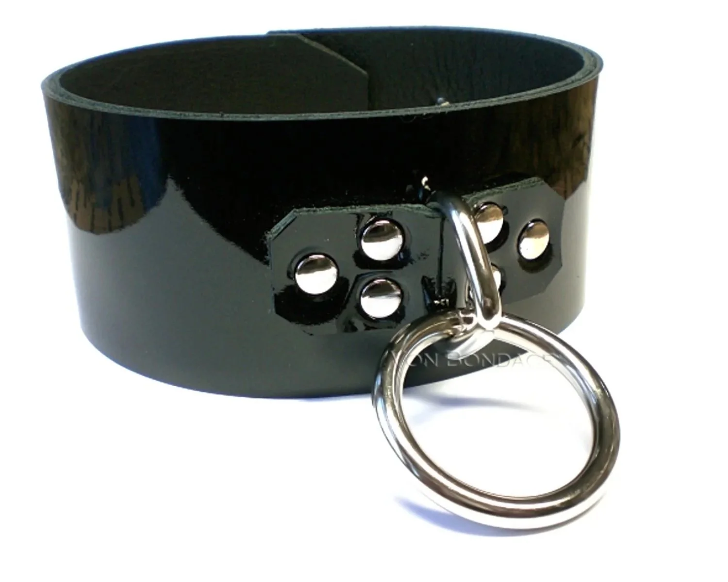 Black Patent Leather Posture style Bondage Collar with Large D&O Ring