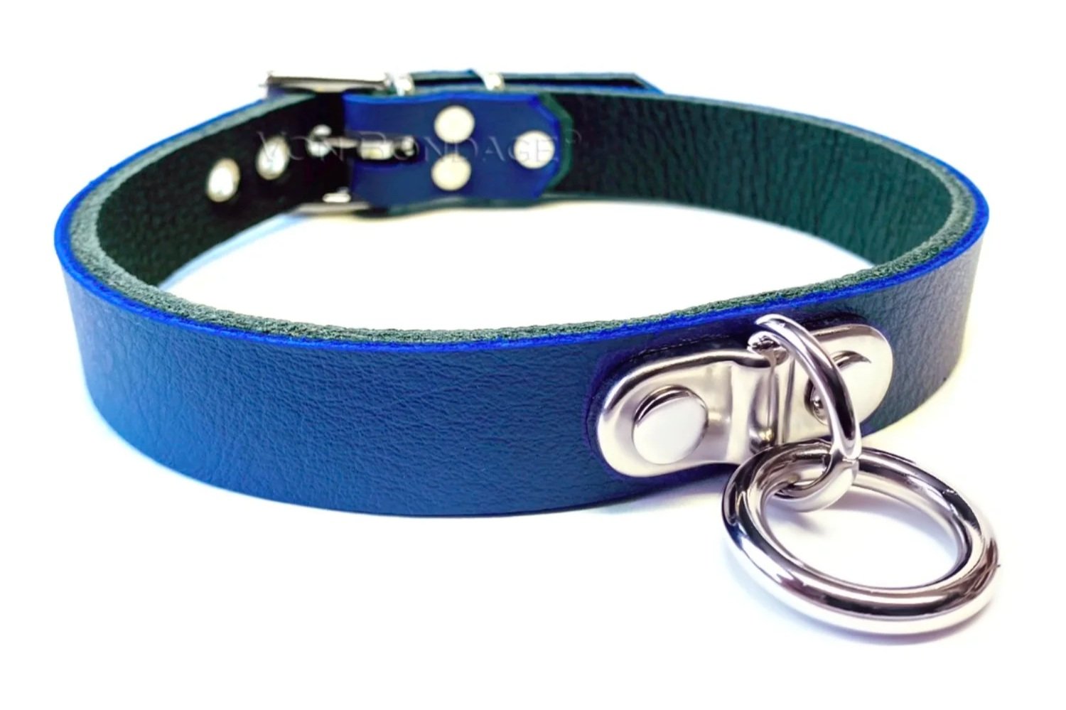 Blue Leather BDSM Collar with Plated Ring
