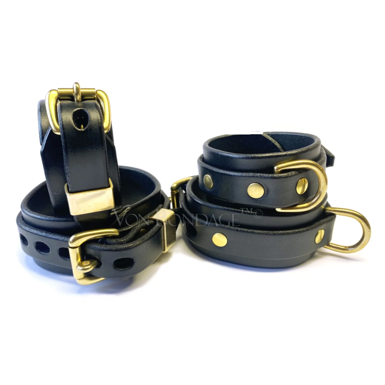 Black latigo Leather Wrist and Ankle Restraints Set in Solid Brass Hardware