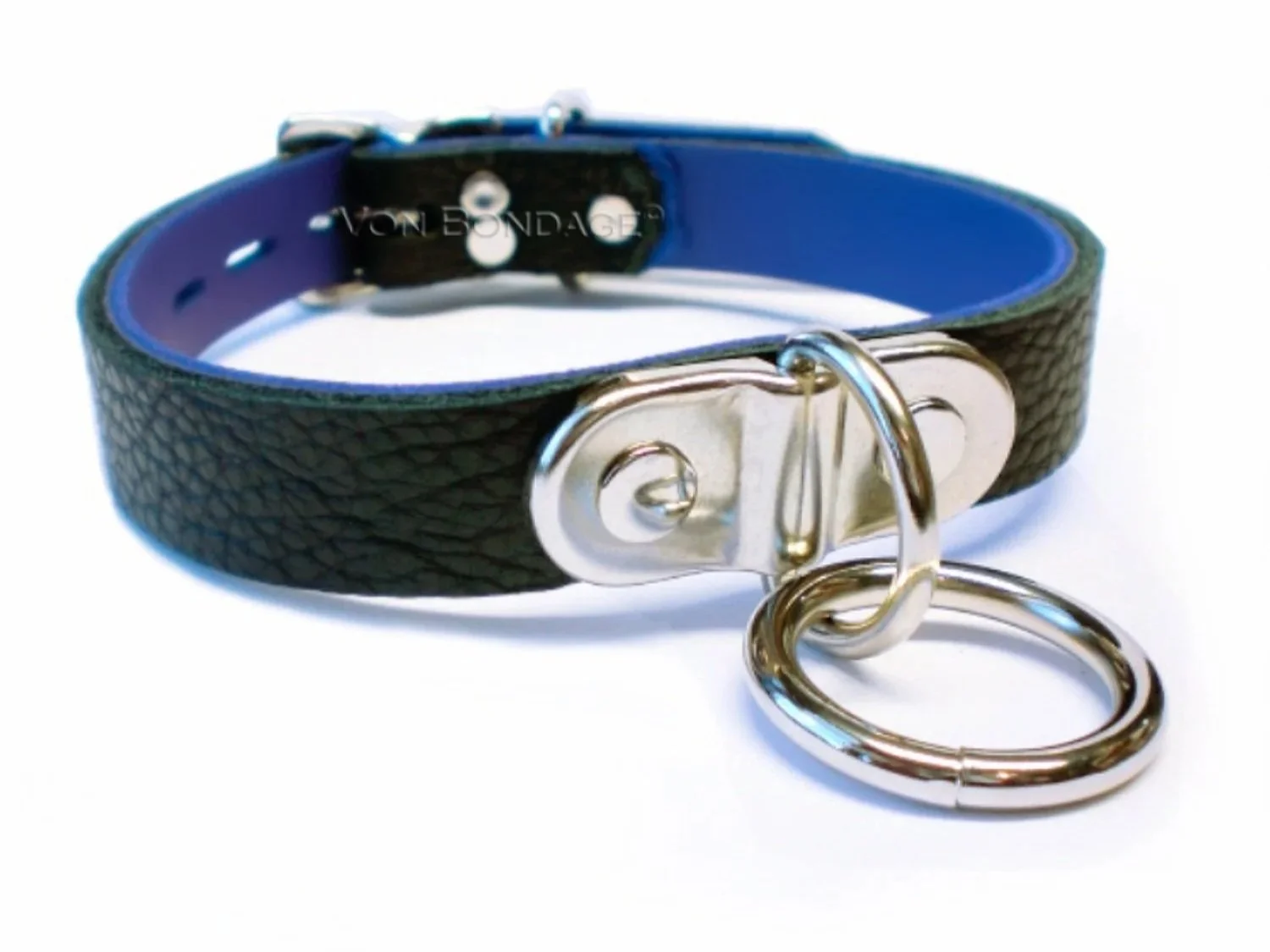 Black & Blue Leather Collar with Plated D&O Ring